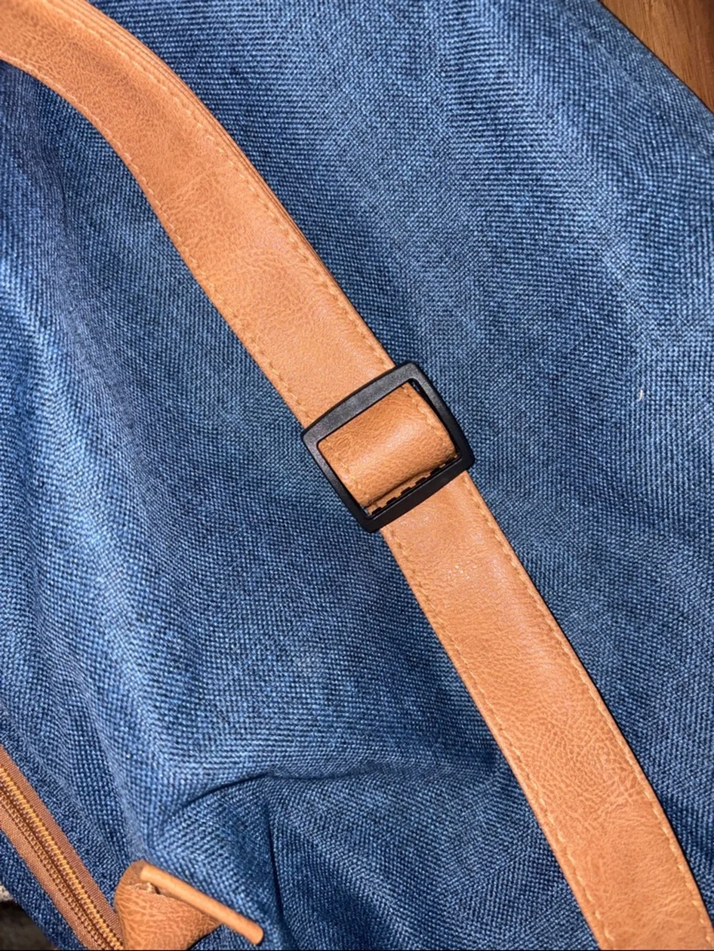 Blue Canvas Tote with Brown Faux Leather Trim